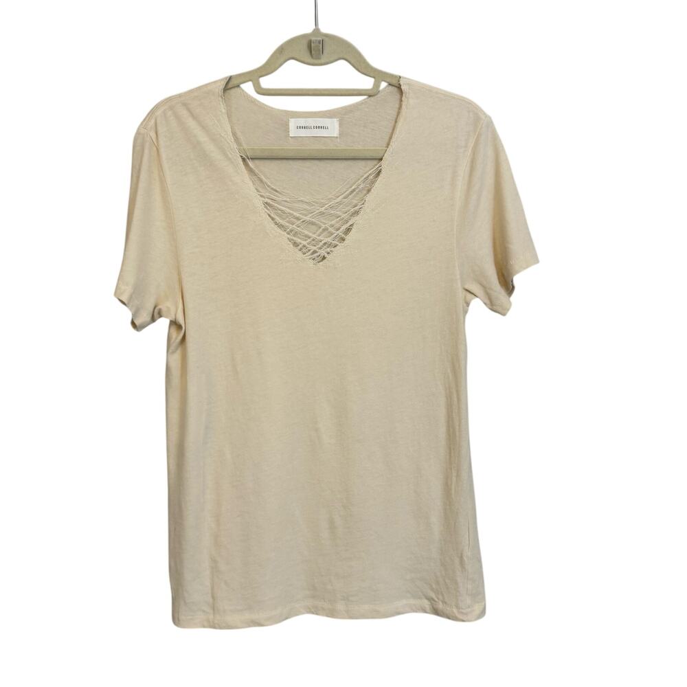 Correll Correll Cotton Lace T-Shirt Womens S Natural V-Neck Handmade in NYC NWT